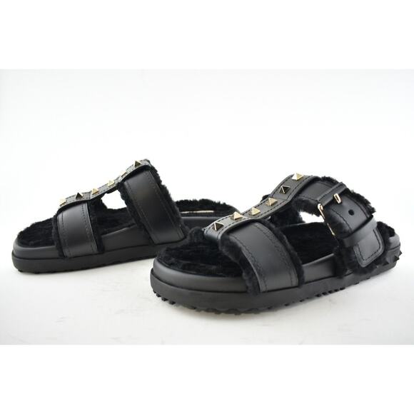 Valentino Rockstud Black Shearling Fur Caged Mule Slip On Slides Sandal Flat 36 - Picture 9 of 12
